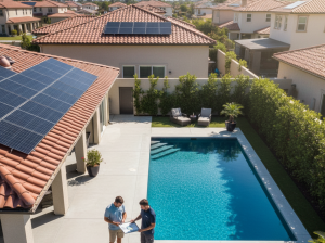 two man talking beside a swimming pool